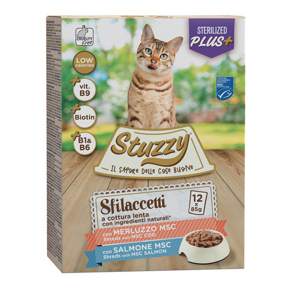 Stuzzy Cat Shreds Multipack Sterilized trhané mäso z tresky a lososa 12x85g Agras Delic - 1