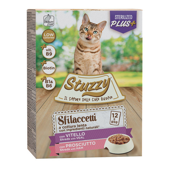 Stuzzy Cat Shreds Multipack Sterilized trhané teľacie a bravčové mäso 12x85g Agras Delic - 1
